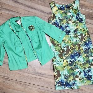 Vibrant Green Jacket and Floral Dress Set